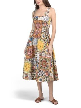 Colorful Mediterranean Sun Print Smocked Dress